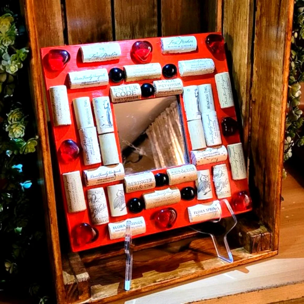 Red Heart and Red Glass Cabochons Mirror Decor with Wine Cork-NWT-Handmade